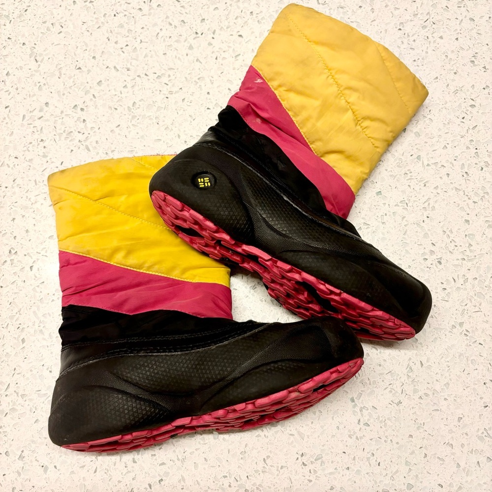Columbia girls snow boots - size 3 - pink, yellow, black - used good condition